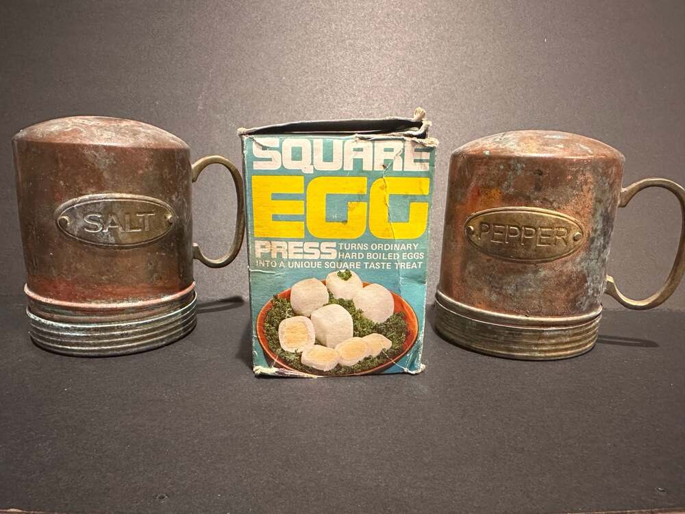 Vintage Square Egg Press Maker and Rustic Copper Salt & Pepper Shakers Set